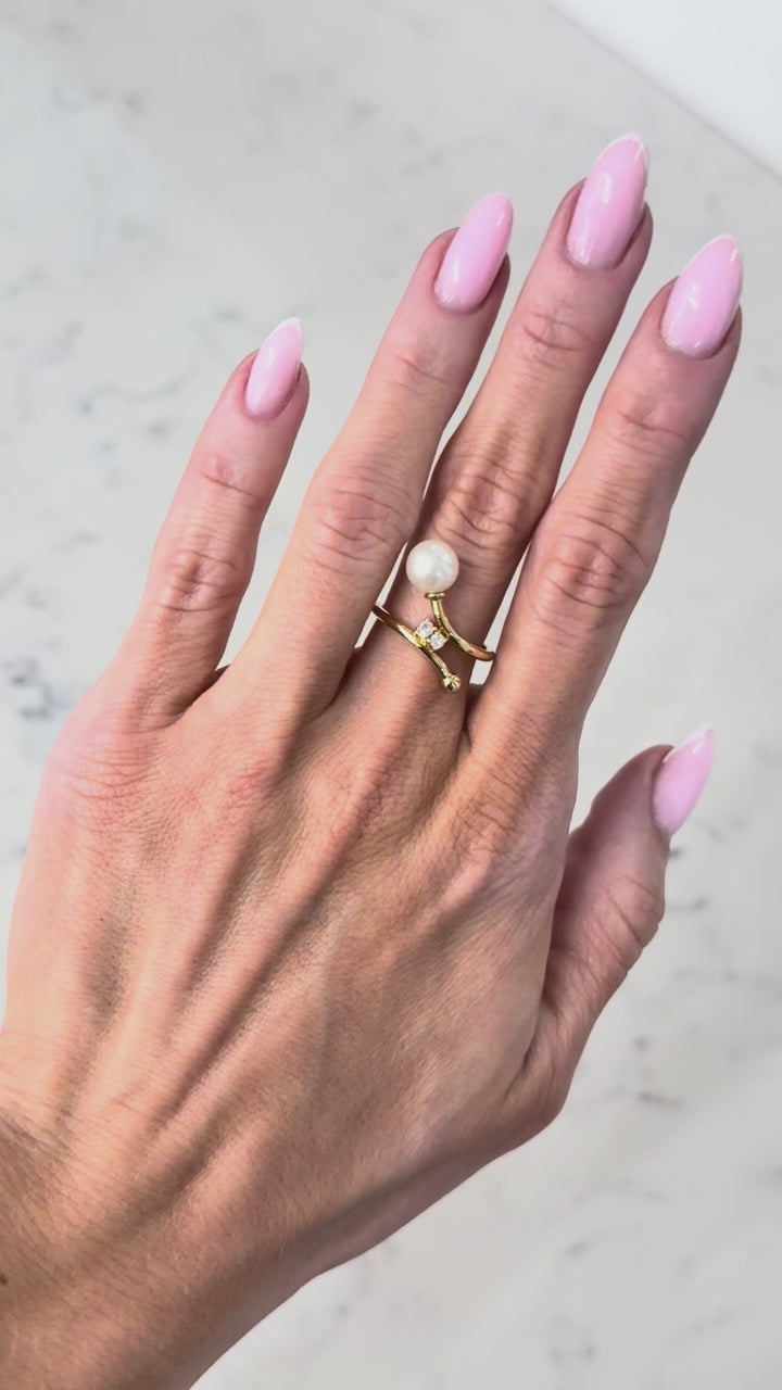 Pearl White Topaz Bypass Ring 14K Yellow Gold