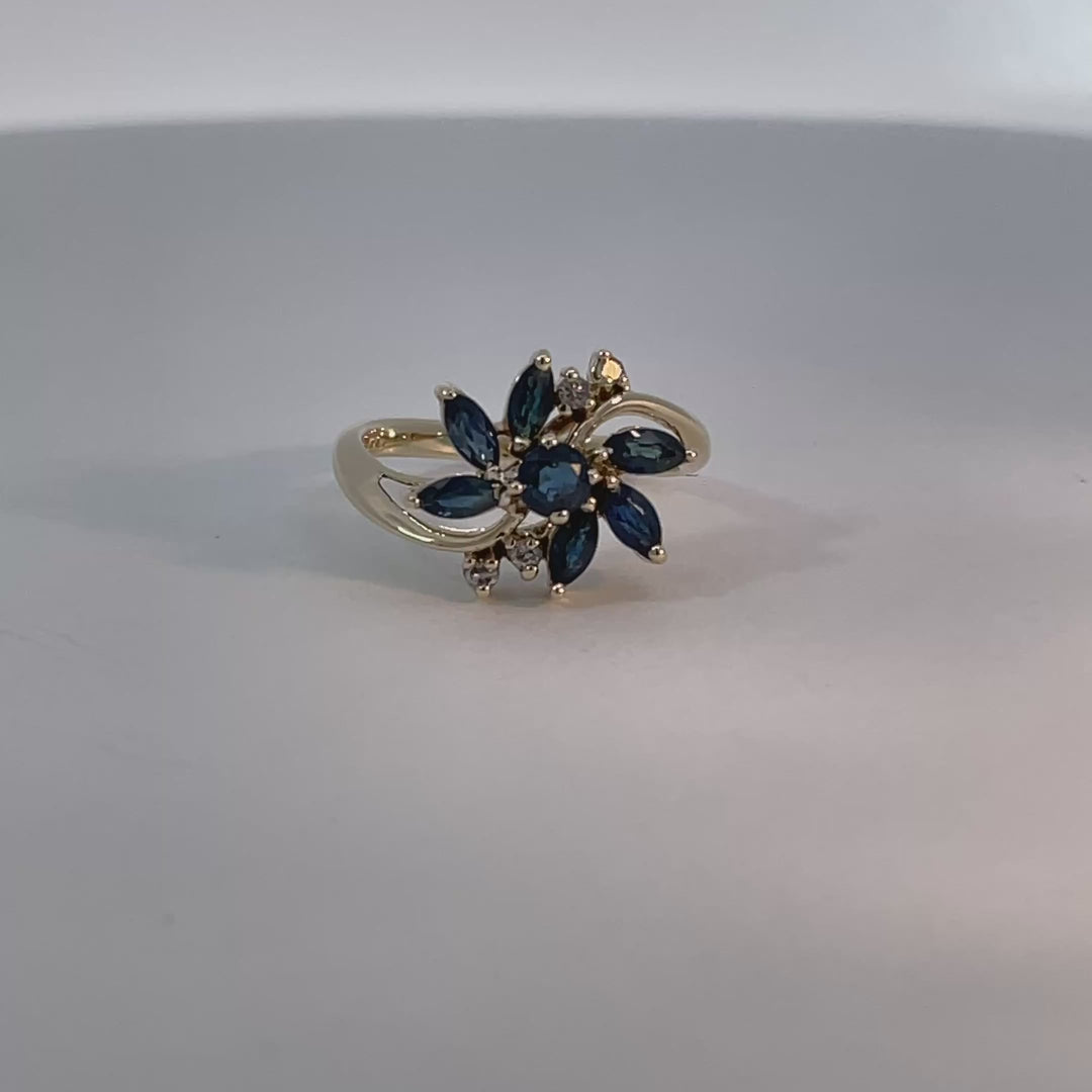 Blue Sapphire Diamond Flower Ring 14K Yellow Gold 0.92CTW