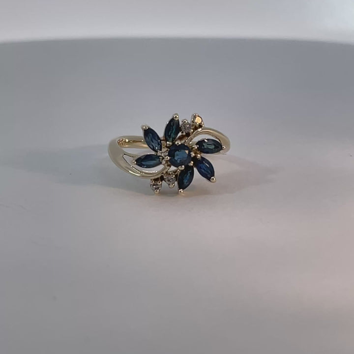 Blue Sapphire Diamond Flower Ring 14K Yellow Gold 0.92CTW