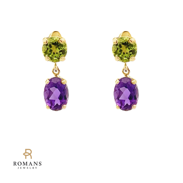 Peridot and Amethyst Dangle Earrings 14K Yellow Gold