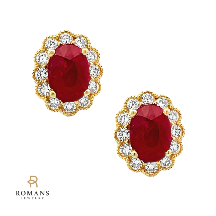 Ruby Diamond Halo Milgrain Stud Earrings 18K Yellow Gold