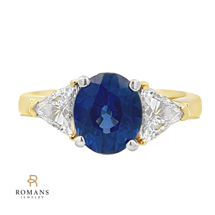 Blue Sapphire Trillion Diamond Accent 18K Yellow Gold Ring 2.02CT