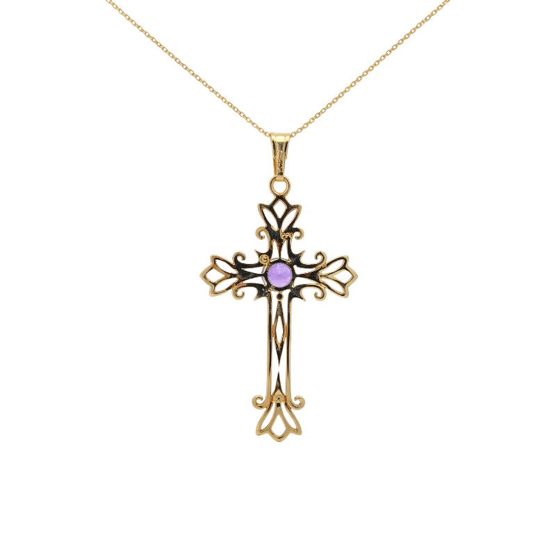 Amethyst Filigree Cross Pendant 14K Yellow Gold .48CT