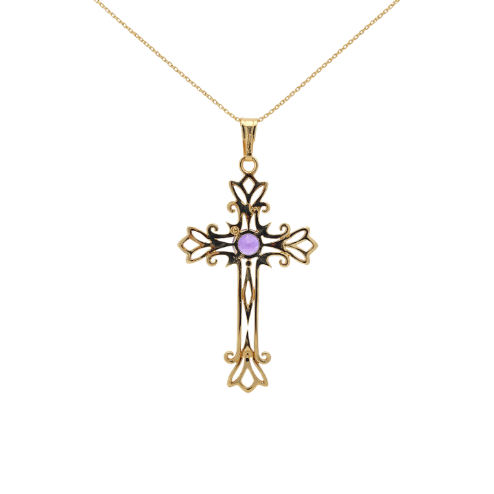 Amethyst Filigree Cross Pendant 14K Yellow Gold .48CT