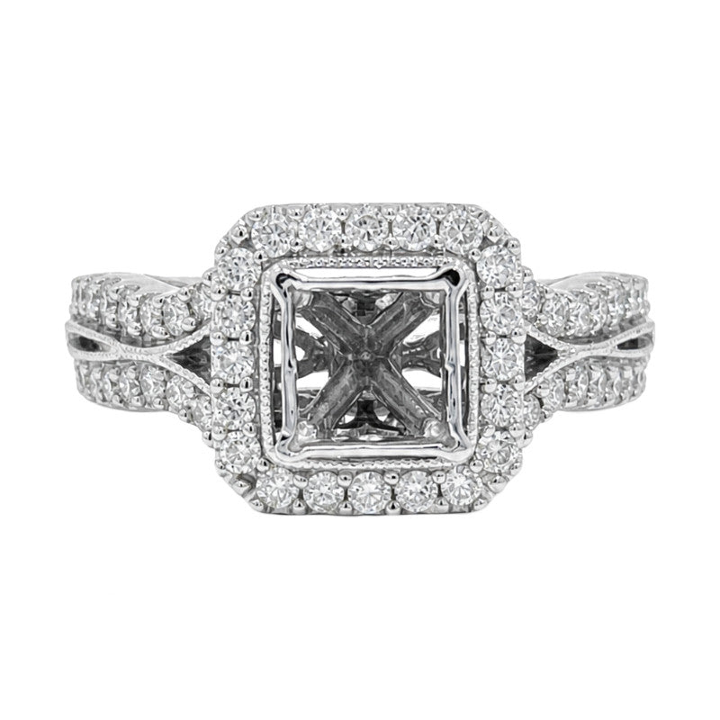 Natural Diamond Halo Princess Engagement Ring Setting 14K White Gold