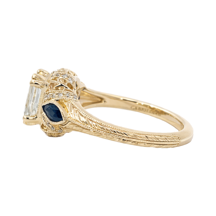 Emerald Cut 1.32CT Lab Diamond Halo Ring with Sapphire Accents 14K Yellow Gold