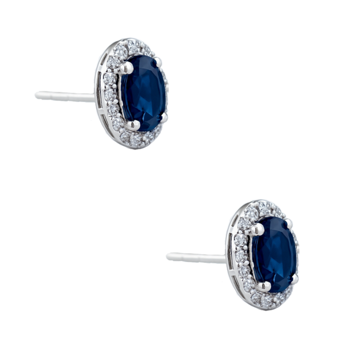 Blue Sapphire & Diamond Halo Studs 14K White Gold 1.04CTW