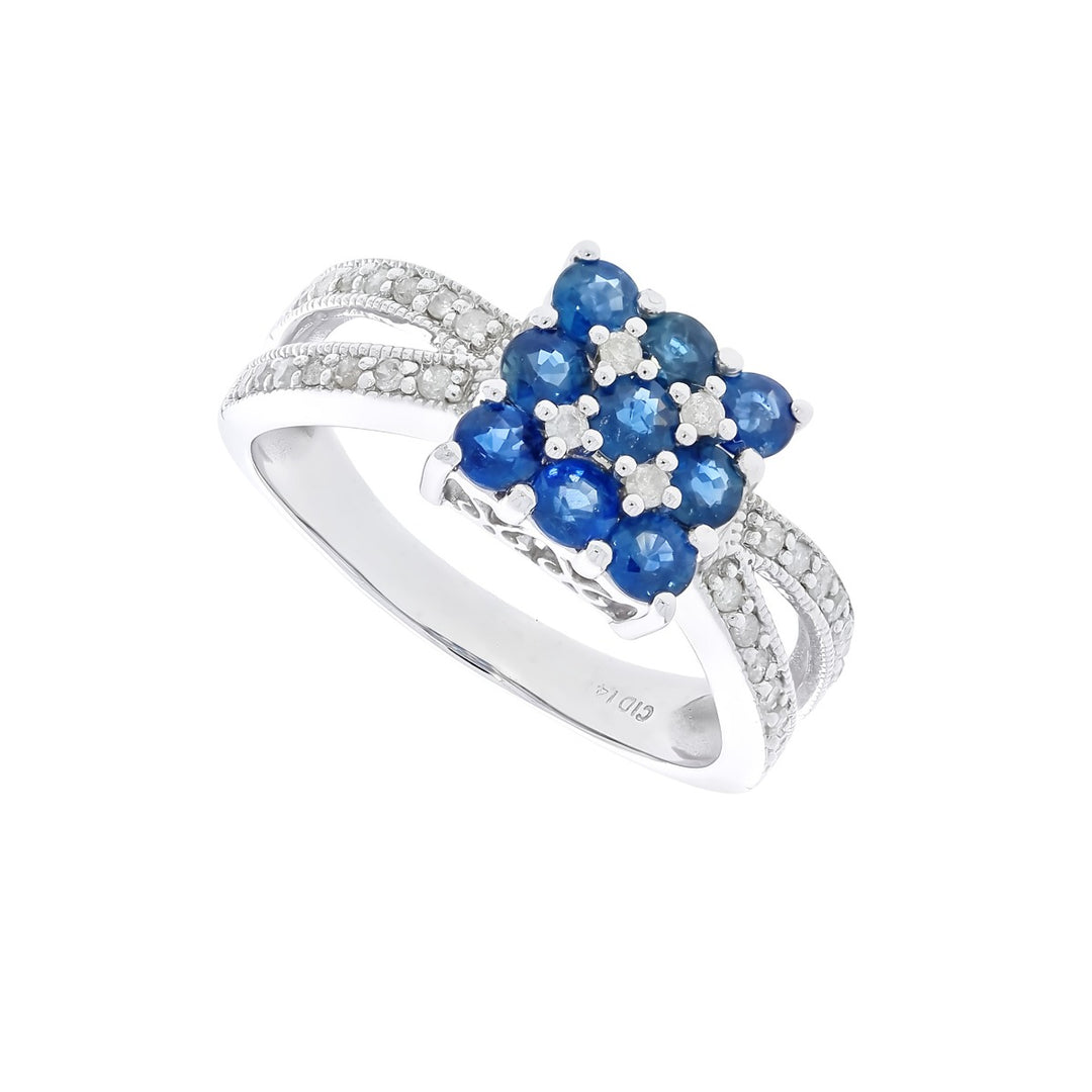 Sapphire Cluster Diamond RIng 14K White Gold 1.17 CTW