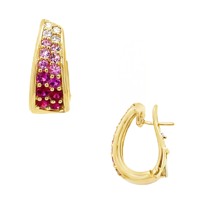 Ruby Pink Sapphire & Diamond Earrings 18K Yellow Gold