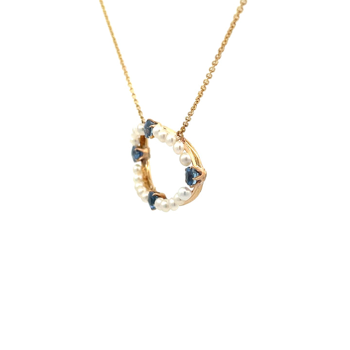 Vintage Pearl and Old Mine Cut Sapphire Floating Necklace 14K Yellow Gold