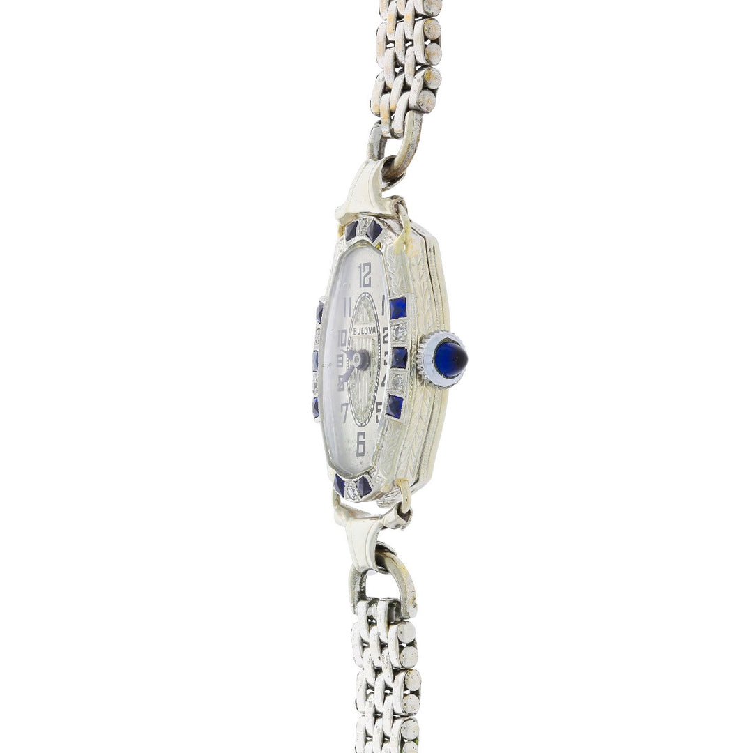 Bulova Watch 14K White Gold  Diamonds & Sapphire Vintage C.1930