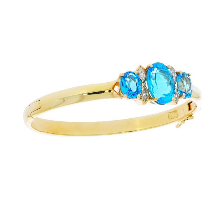 Swiss Blue Topaz Diamond Bangle Bracelet 14K Yellow Gold