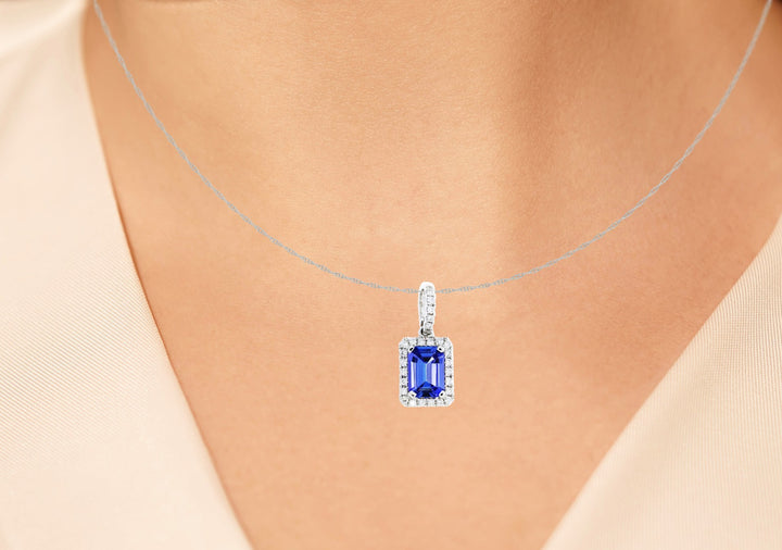 Tanzanite Diamond Halo Pendant 14K White Gold .98CT