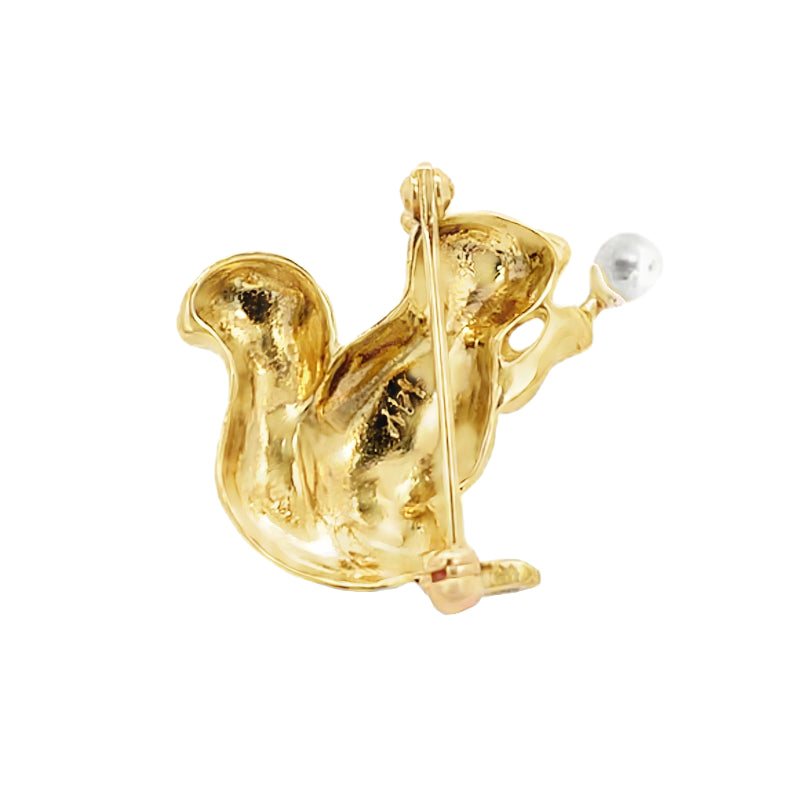 Squirrel Ruby Pearl Brooch 14K Yellow Gold