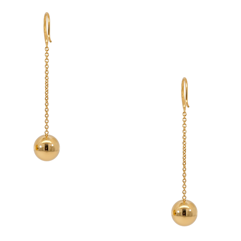 Tiffany &amp; Co. 18K yellow gold ball drop earrings featuring polished gold spheres in an elegant dangling design.