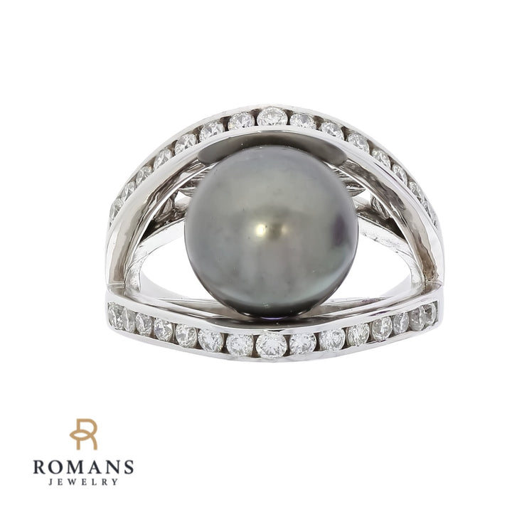 Tahitian Pearl Diamond Ring 14K White Gold 0.84CTW