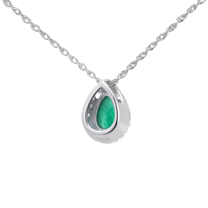 Classic Pear Emerald Diamond Halo Pendant 14K White Gold .58CT