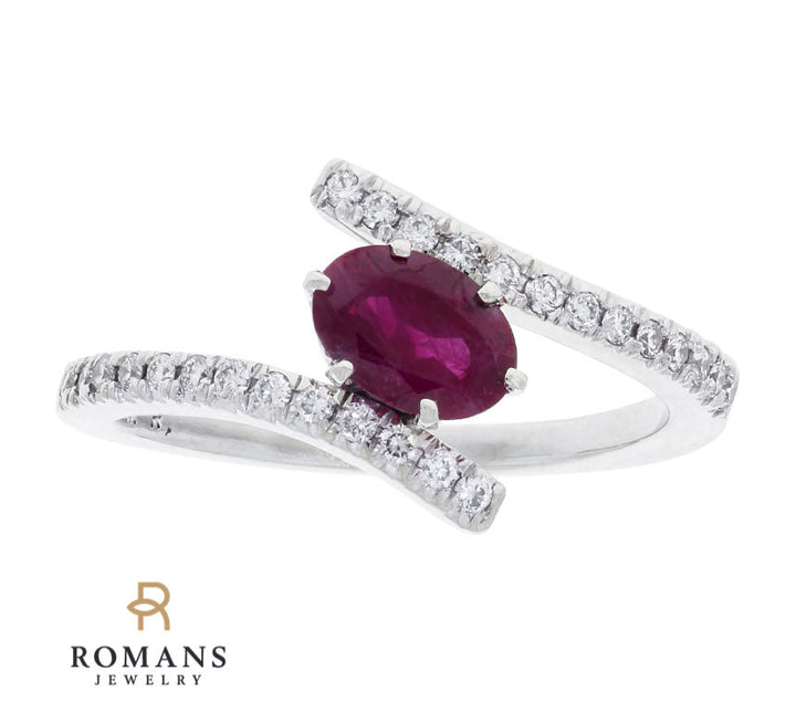 Ruby Diamond Bypass Ring 14K White Gold .98CT