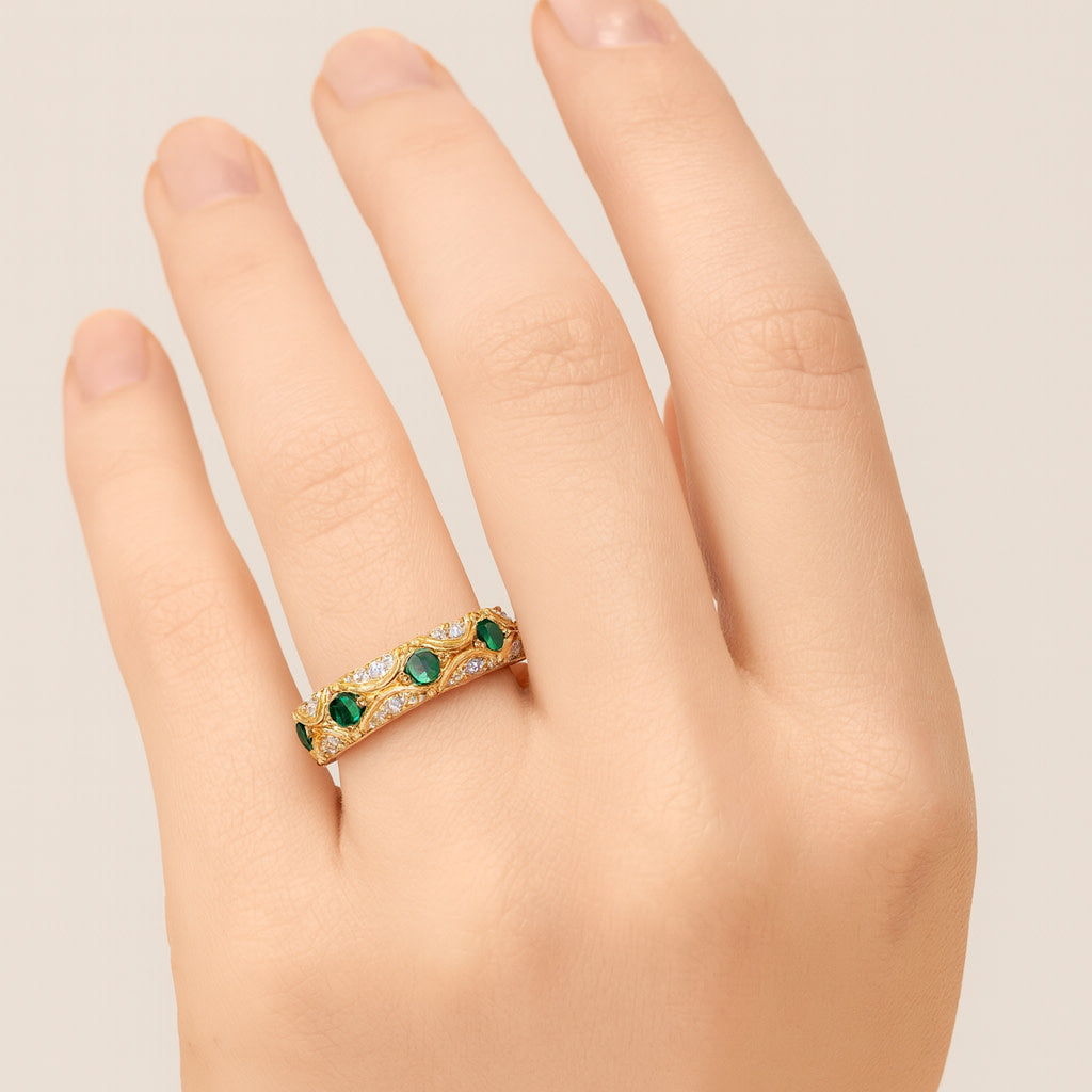 Emerald Diamond Band 18K Yellow Gold