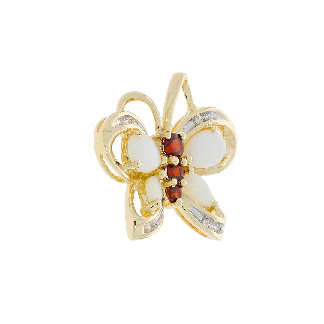 Butterfly Opal Garnet Diamond Pendant 14K Yellow Gold