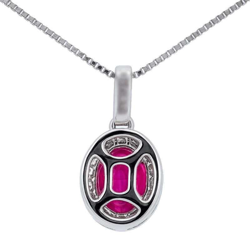 Oval Ruby Halo Pendant with Diamonds 14K White Gold .99CT