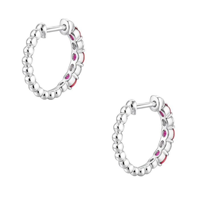 Classic Ruby Diamond Hoop Earrings Shared Prong 14K White Gold