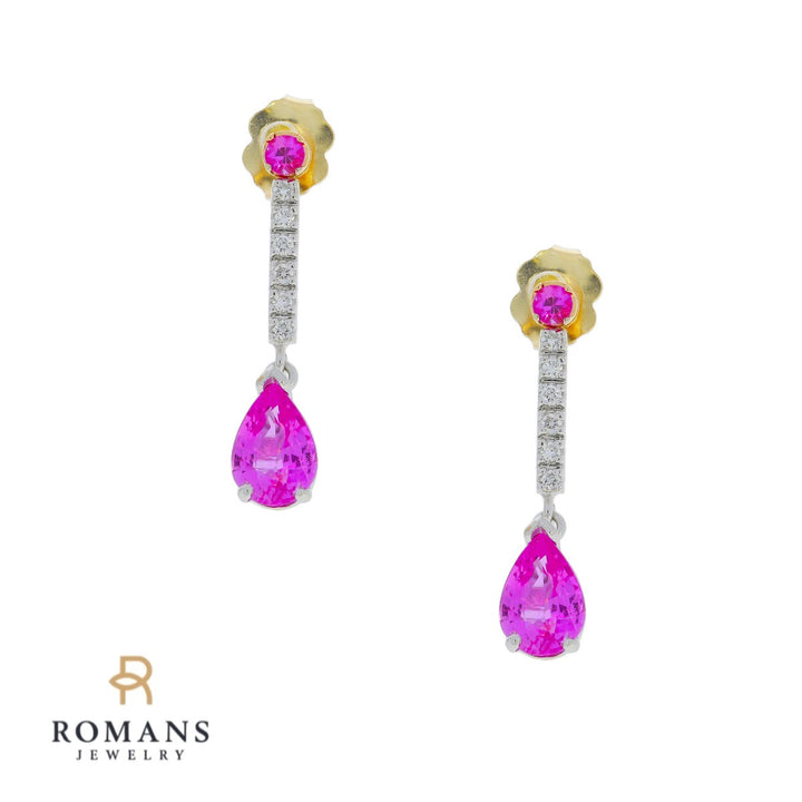 Pink Sapphire Diamond 14K Two Tone Gold Drop Earrings 2.08CTW