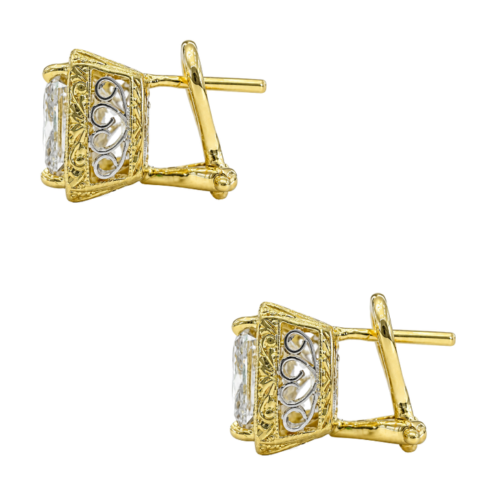 Lab Grown Cushion Diamond Filigree Stud Earrings 6.04CTW 18K Yellow Gold Platinum
