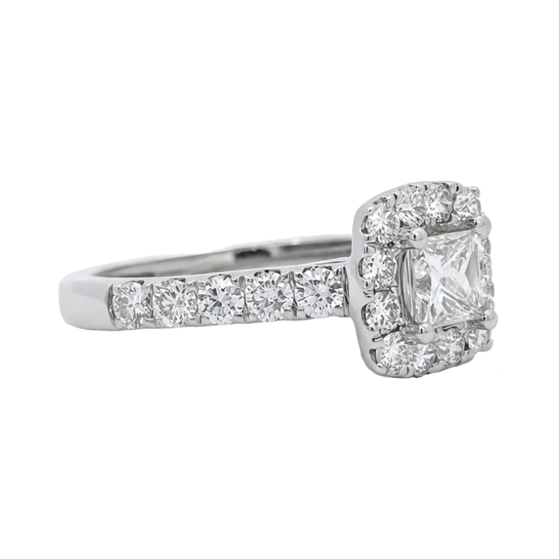 Princess Cut Diamond Halo Platinum Engagement Ring .70CT