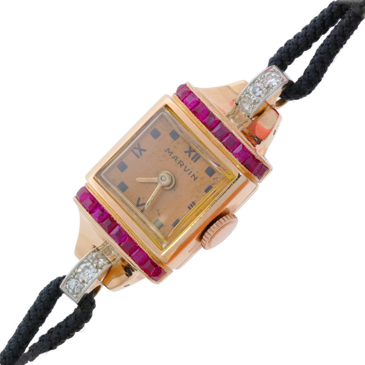 Marvin Ruby Diamond 18K Rose Gold Ladies Watch 1950's