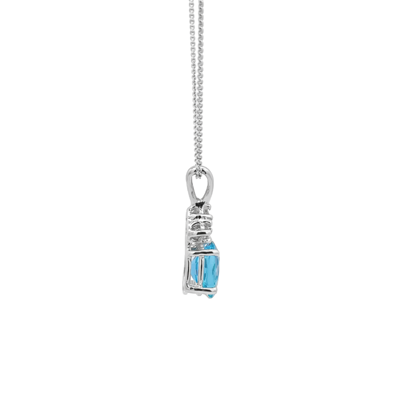 Swiss Blue Topaz & Diamond Pendant 14K White Gold 1.60CT