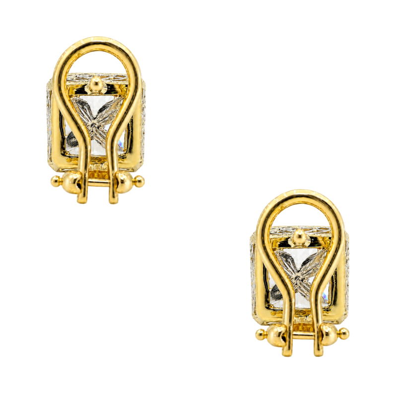 Lab Grown Cushion Diamond Filigree Stud Earrings 6.04CTW 18K Yellow Gold Platinum