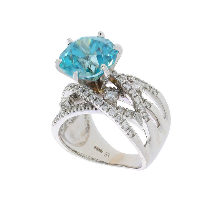 Blue Zircon Diamond Ring 14K White 9CT