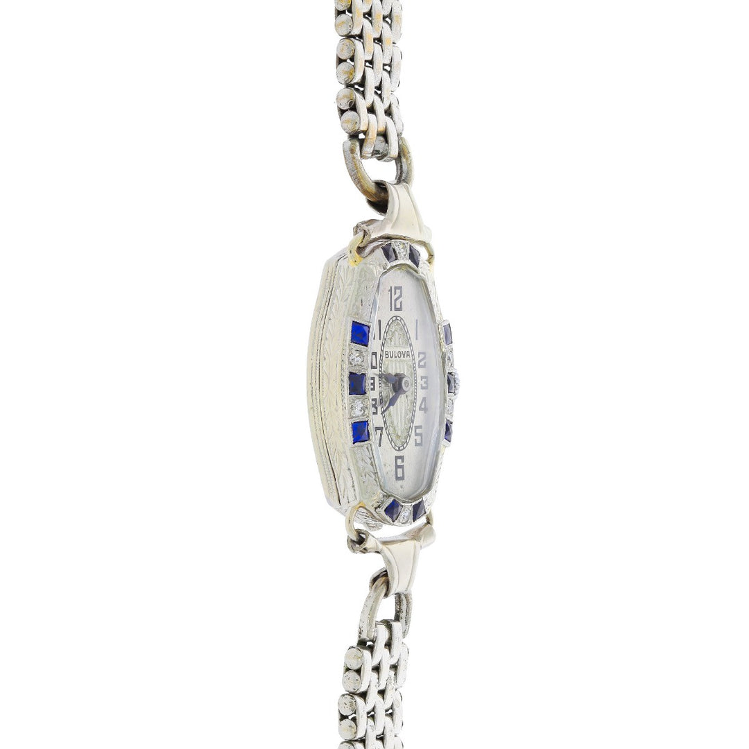 Bulova Watch 14K White Gold  Diamonds & Sapphire Vintage C.1930